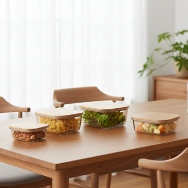 4Pcs Airtight Bamboo-Lid Glass Bowls Set – Square