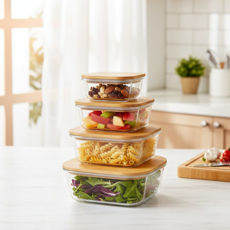 4Pcs Airtight Bamboo-Lid Glass Bowls Set – Square