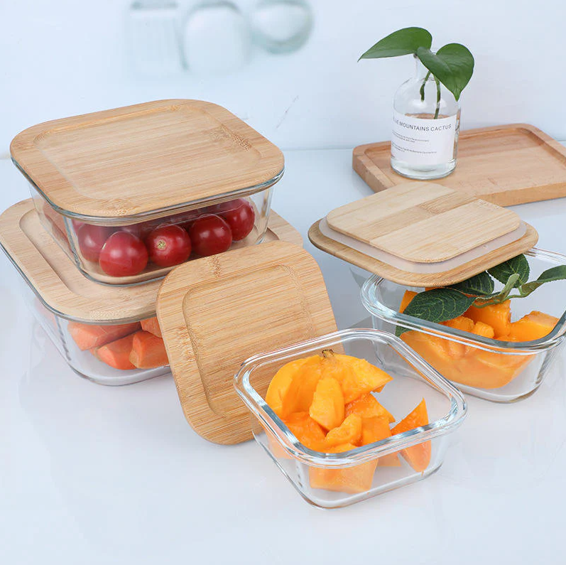 4Pcs Airtight Bamboo-Lid Glass Bowls Set – Square