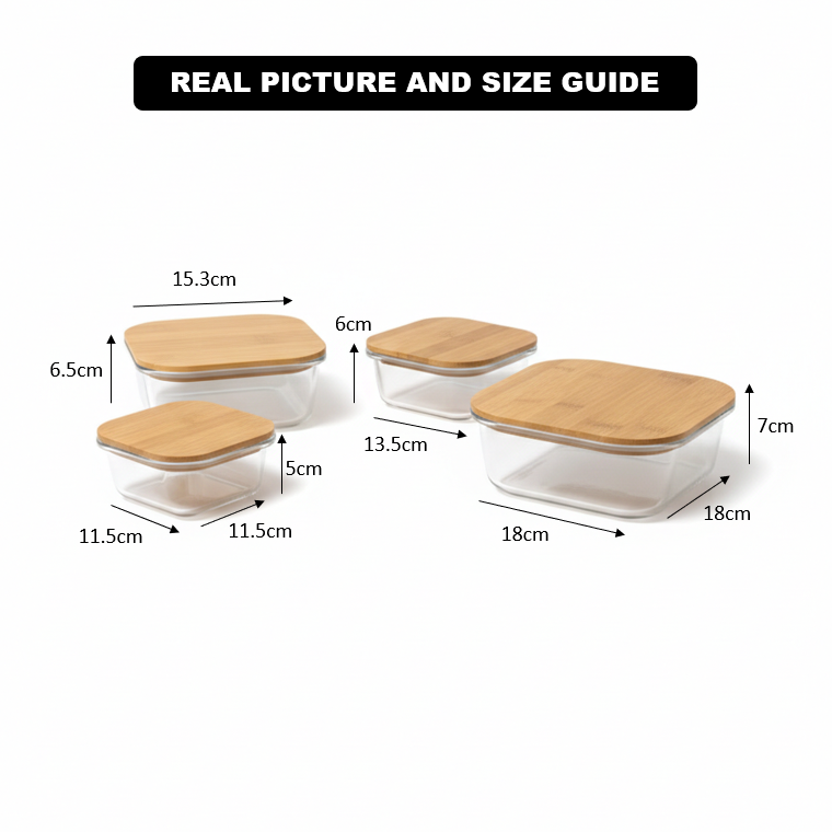 4Pcs Airtight Bamboo-Lid Glass Bowls Set – Square