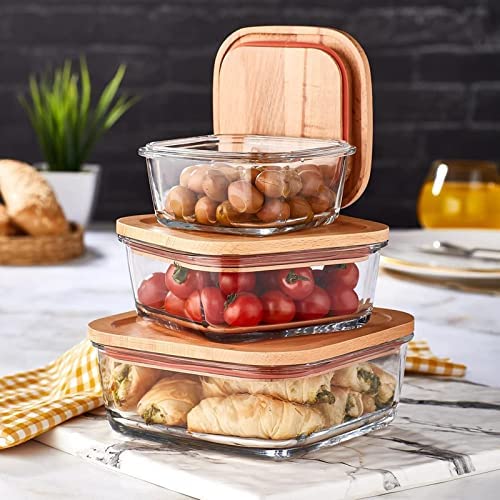 4Pcs Airtight Bamboo-Lid Glass Bowls Set – Square